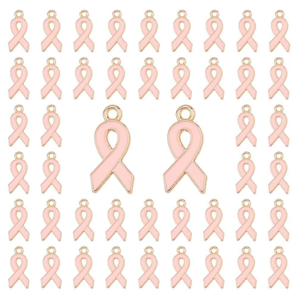 2482 60Pcs Pink Ribbon Pendant Breast Cancer Awareness Charms Enamel Ribbon